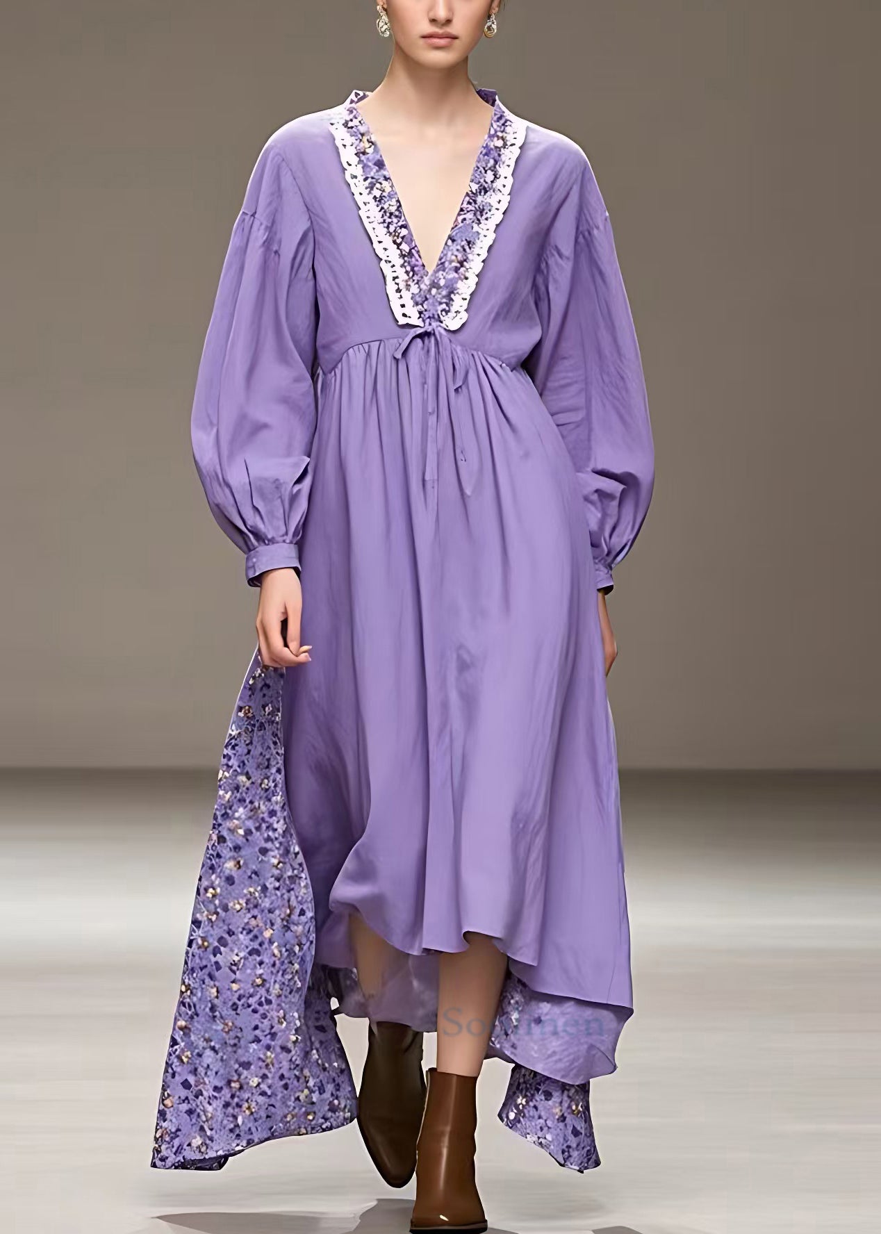 Purple V Neck High Waist Patchwork Cotton Maxi Dress Fall