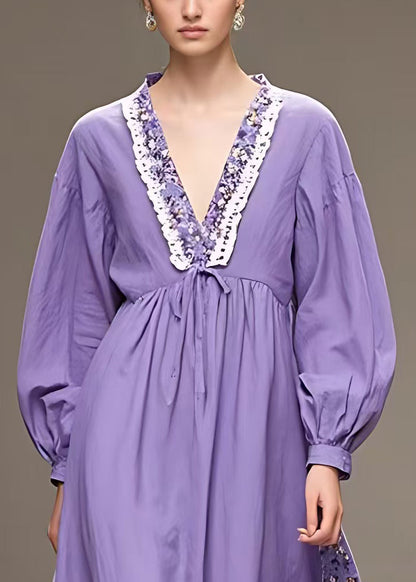 Purple V Neck High Waist Patchwork Cotton Maxi Dress Fall