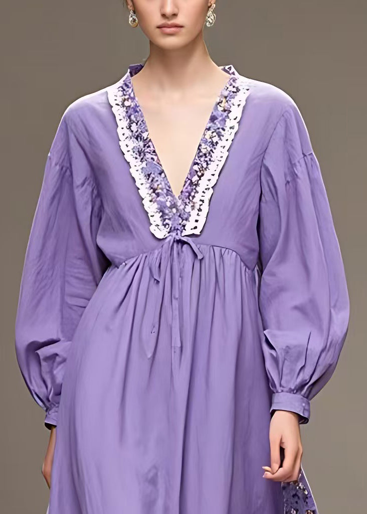 Purple V Neck High Waist Patchwork Cotton Maxi Dress Fall