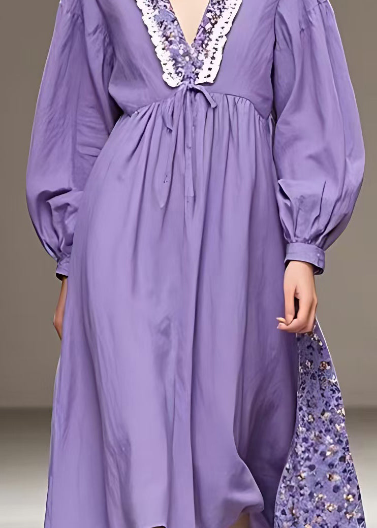 Purple V Neck High Waist Patchwork Cotton Maxi Dress Fall