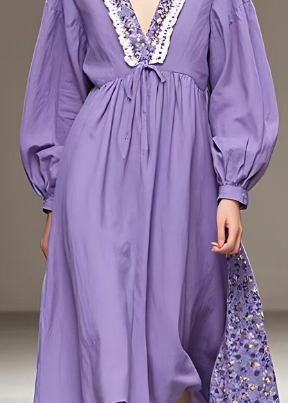 Purple V Neck High Waist Patchwork Cotton Maxi Dress Fall