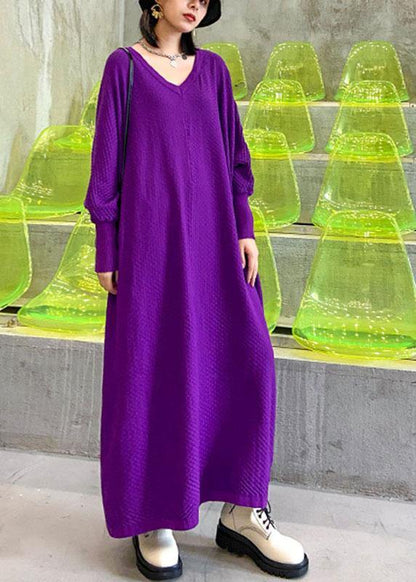 Purple V Neck Loose Fall Vacation Dresses Long Sleeve