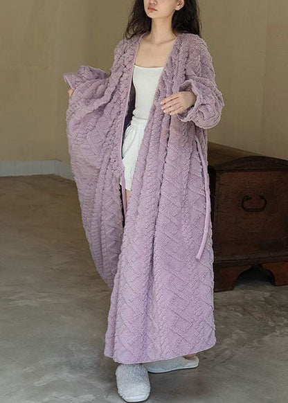 Purple V Neck Patchwork Thick Fluffy Robe Spring