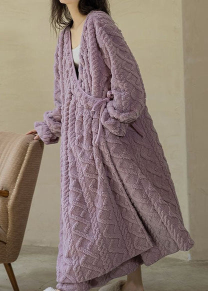 Purple V Neck Patchwork Thick Fluffy Robe Spring