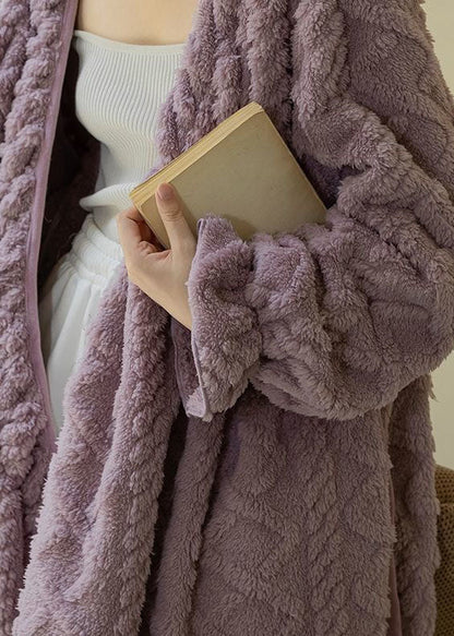 Purple V Neck Patchwork Thick Fluffy Robe Spring