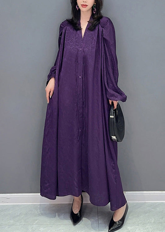 Purple V Neck Print Button Long Dresses Long Sleeve