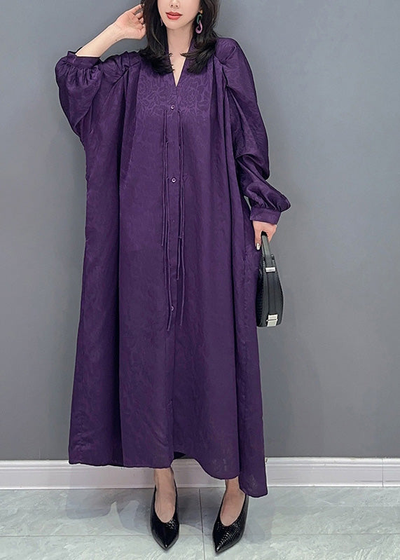 Purple V Neck Print Button Long Dresses Long Sleeve