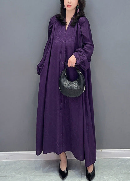 Purple V Neck Print Button Long Dresses Long Sleeve
