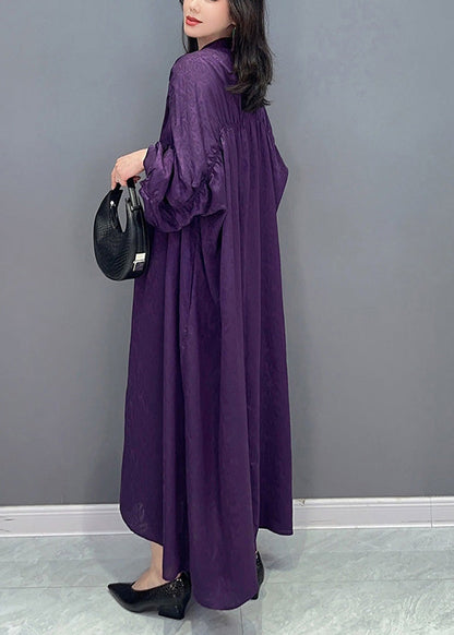 Purple V Neck Print Button Long Dresses Long Sleeve