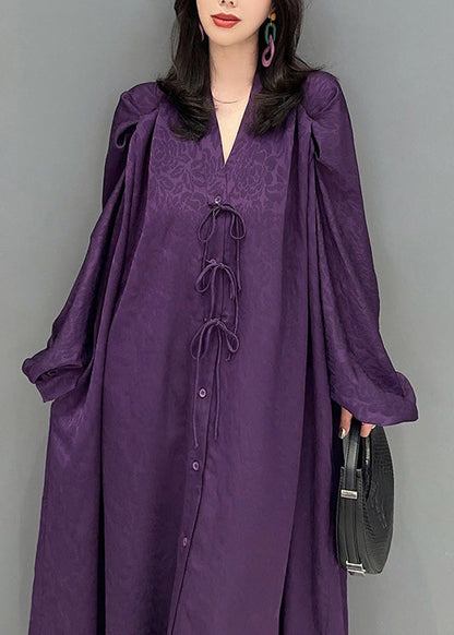 Purple V Neck Print Button Long Dresses Long Sleeve