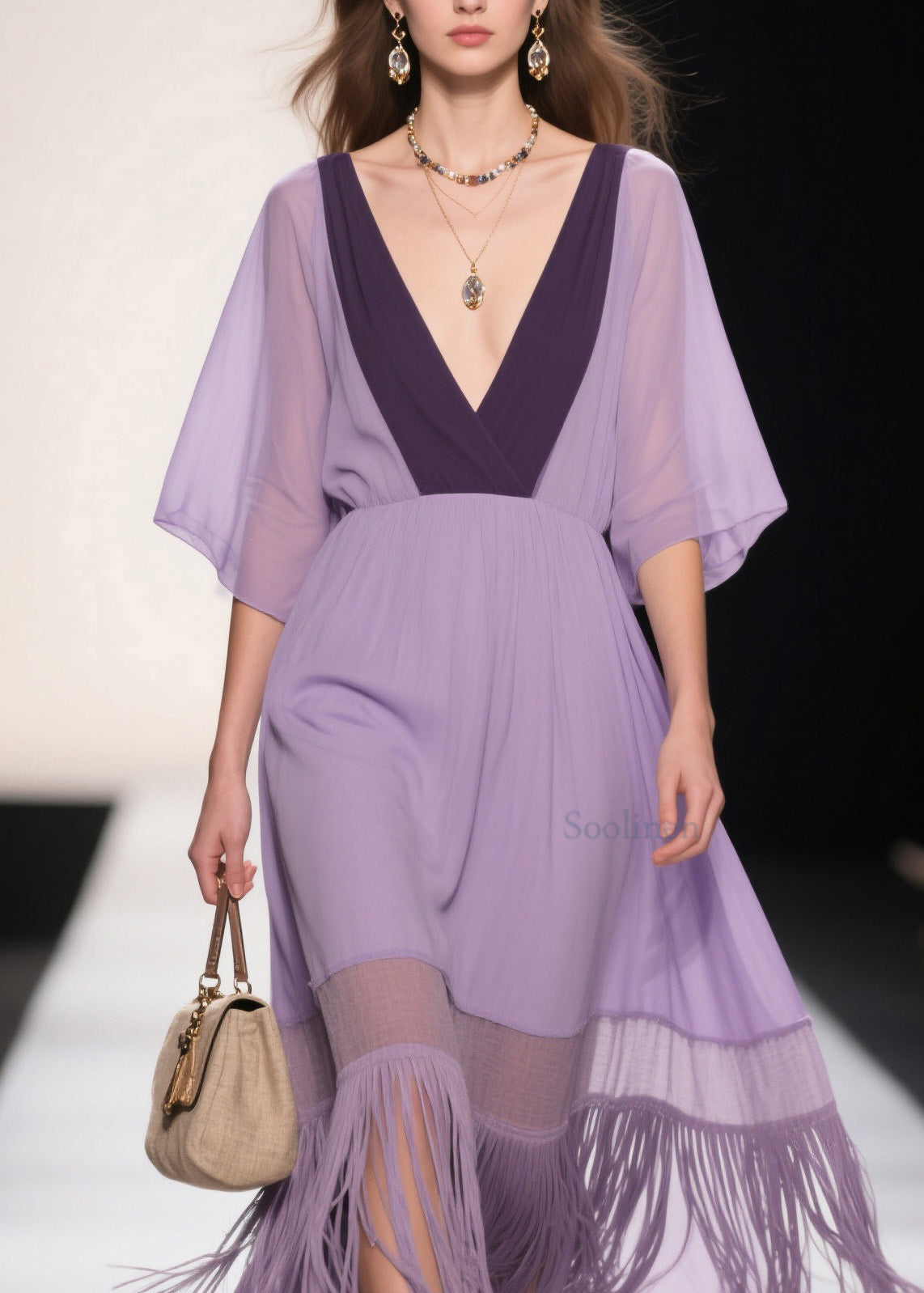 Purple V Neck Tassel Patchwork Cotton Dress Summer