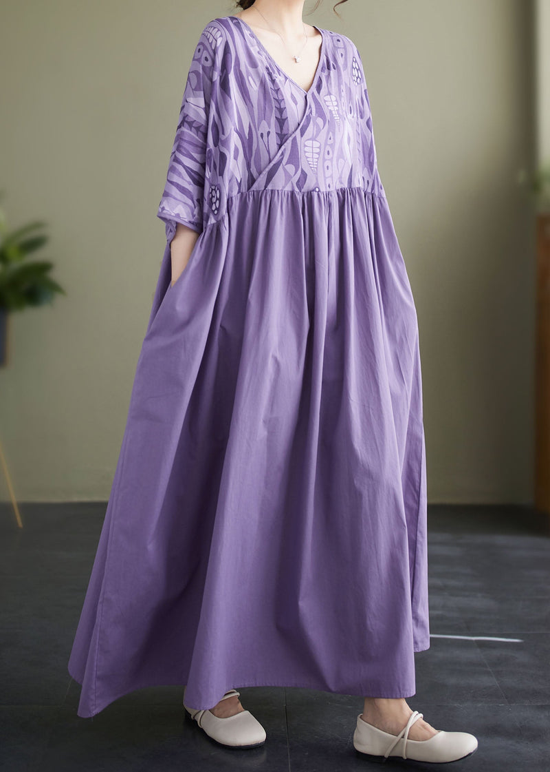Purple V Neck Wrinkled Print Patchwork Cotton Vacation Dresses Summer