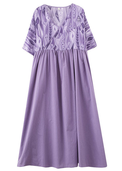 Purple V Neck Wrinkled Print Patchwork Cotton Vacation Dresses Summer