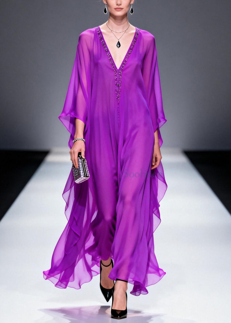 Purple V Neck Zircon Draping Chiffon Dresses Summer
