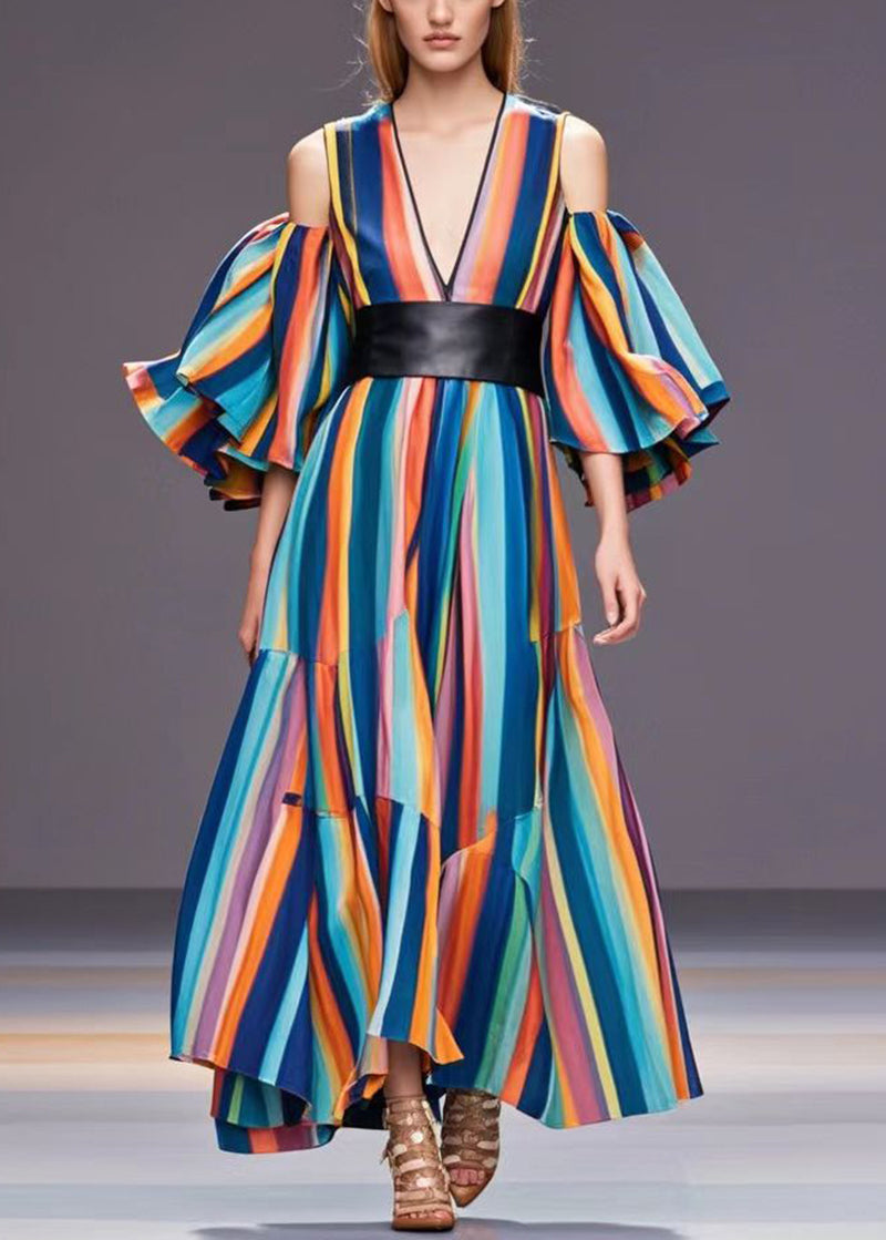 Rainbow Cold Shoulder Striped Cotton Cinched Dresses Spring