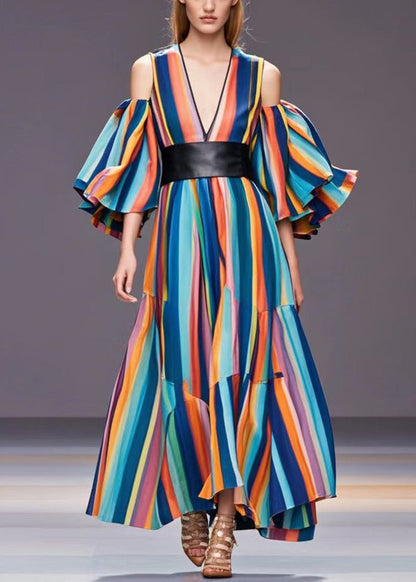 Rainbow Cold Shoulder Striped Cotton Cinched Dresses Spring