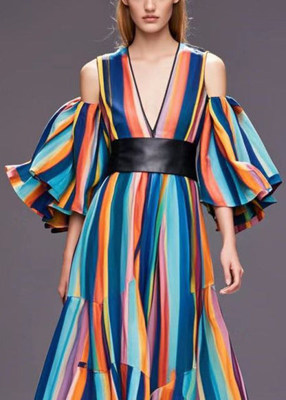Rainbow Cold Shoulder Striped Cotton Cinched Dresses Spring