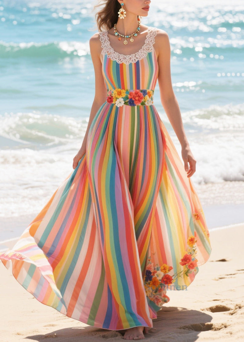 Rainbow Striped Exra Large Hem Chiffon Beach Dresses Summer