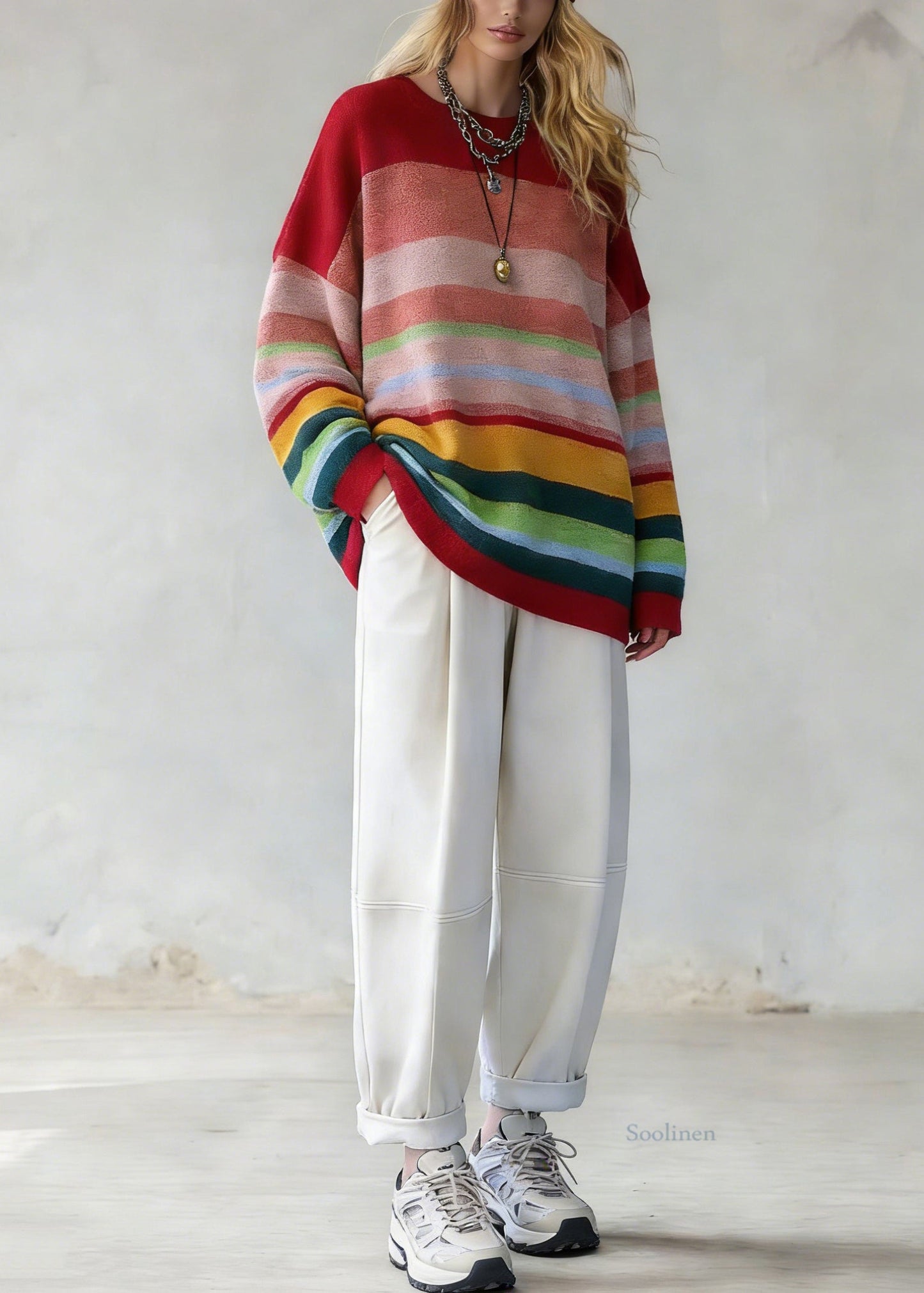 Rainbow Striped O-neck Knit Sweaters and White Pants Two Pieces Set Spring