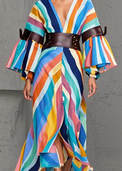Rainbow Striped Side Open Cotton Cinched Dresses Spring