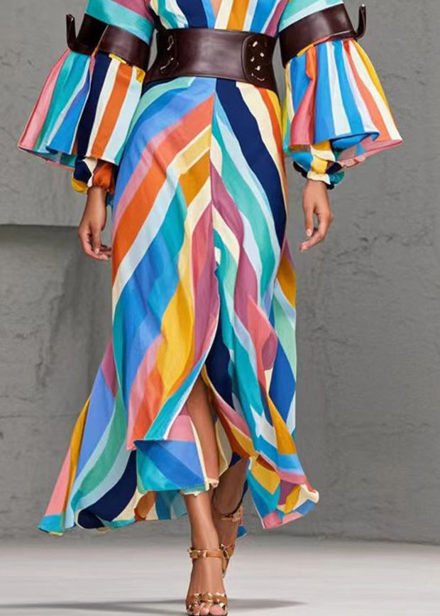 Rainbow Striped Side Open Cotton Cinched Dresses Spring