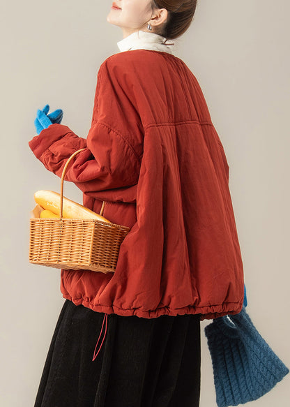 Red Button Drawstring Fine Cotton Filled Parka