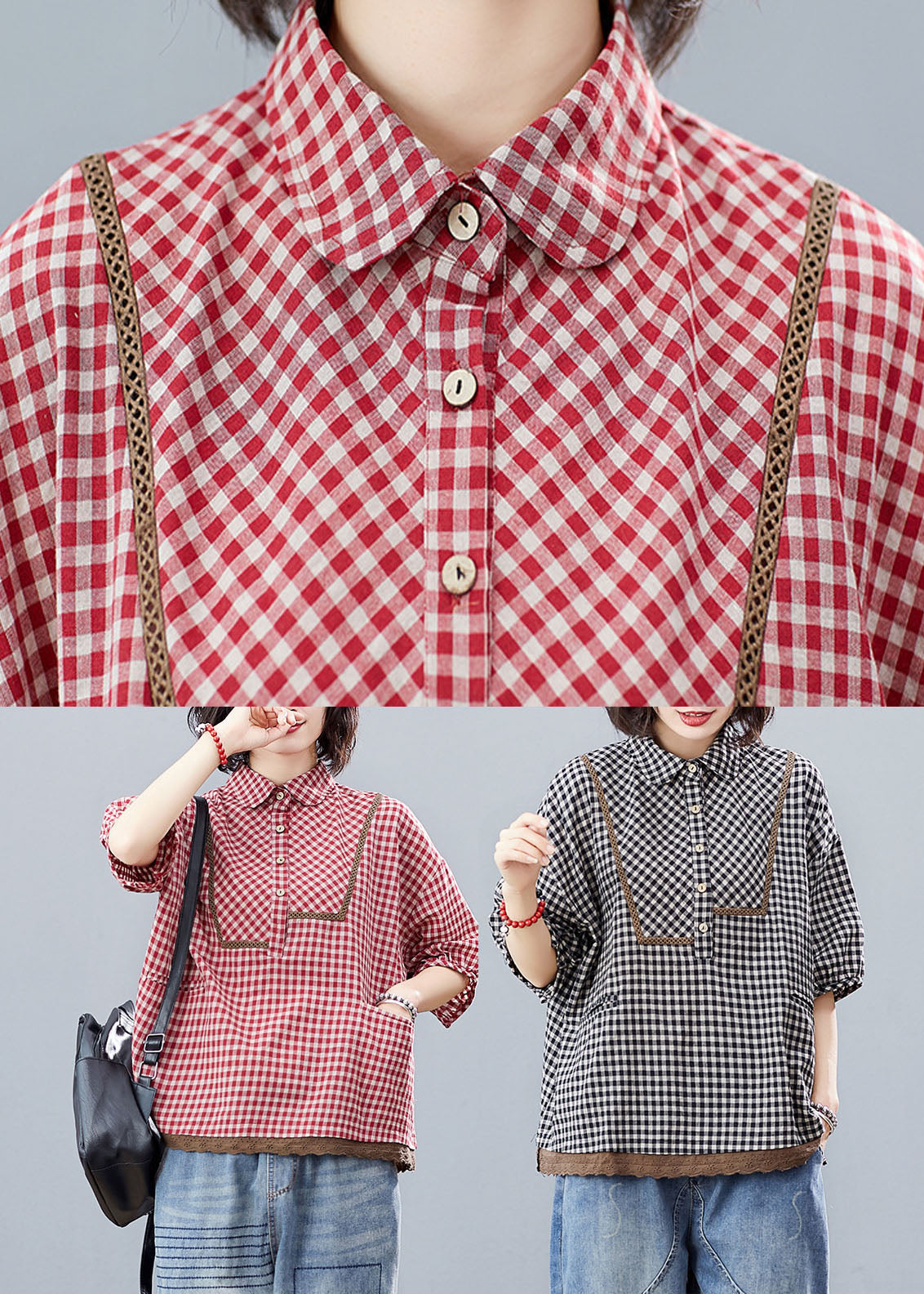 Red Button Peter Pan Collar Shirt Tops Half Sleeve