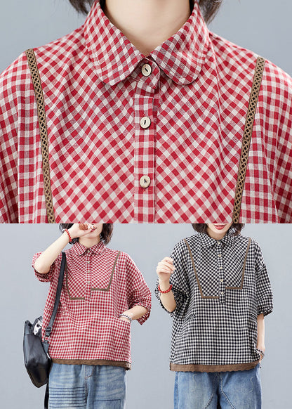 Red Button Peter Pan Collar Shirt Tops Half Sleeve