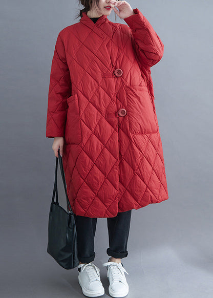 Red Button Pockets Cotton Filled Long Parka Winter