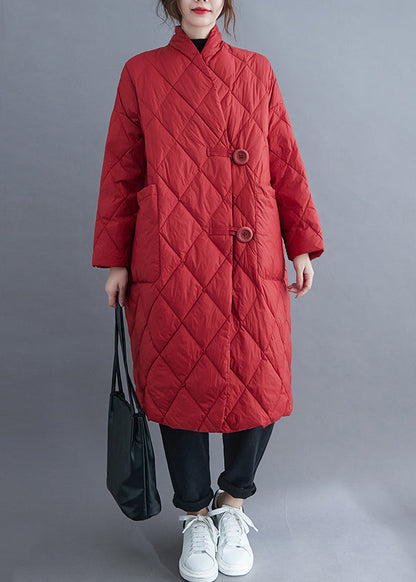 Red Button Pockets Cotton Filled Long Parka Winter