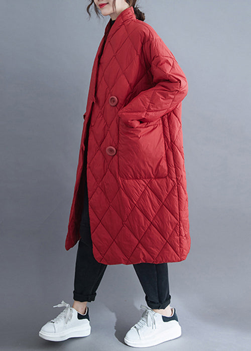 Red Button Pockets Cotton Filled Long Parka Winter