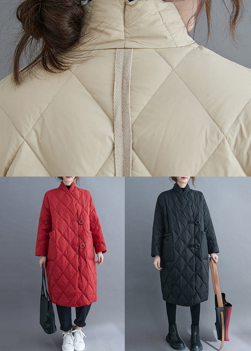 Red Button Pockets Cotton Filled Long Parka Winter