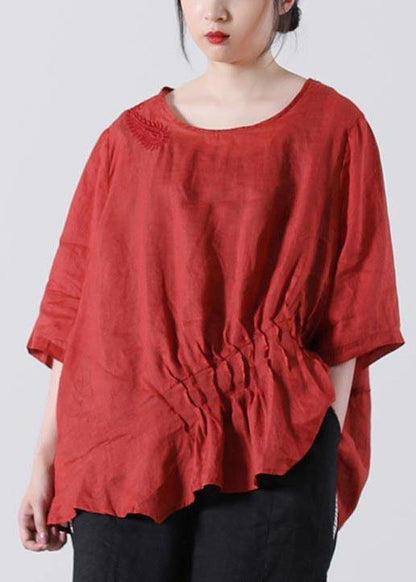 Red Cinched Cotton Linen Summer Blouse Top