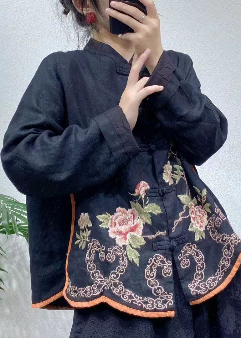 Red Embroideried Oriental Button Linen Coats Spring