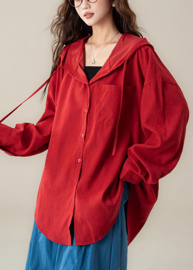 Red Hooded Button Cotton Shirt Spring