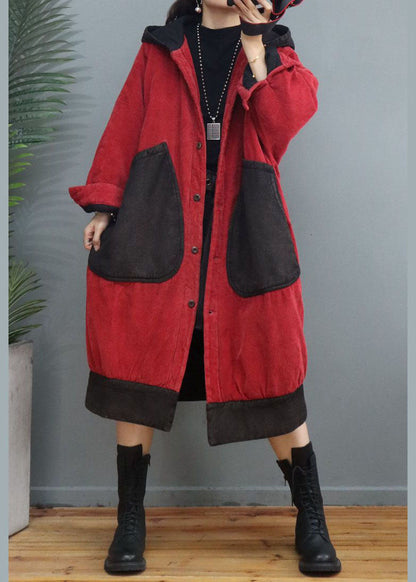 Red Hooded Patchwork Corduroy Winter Coats Winter