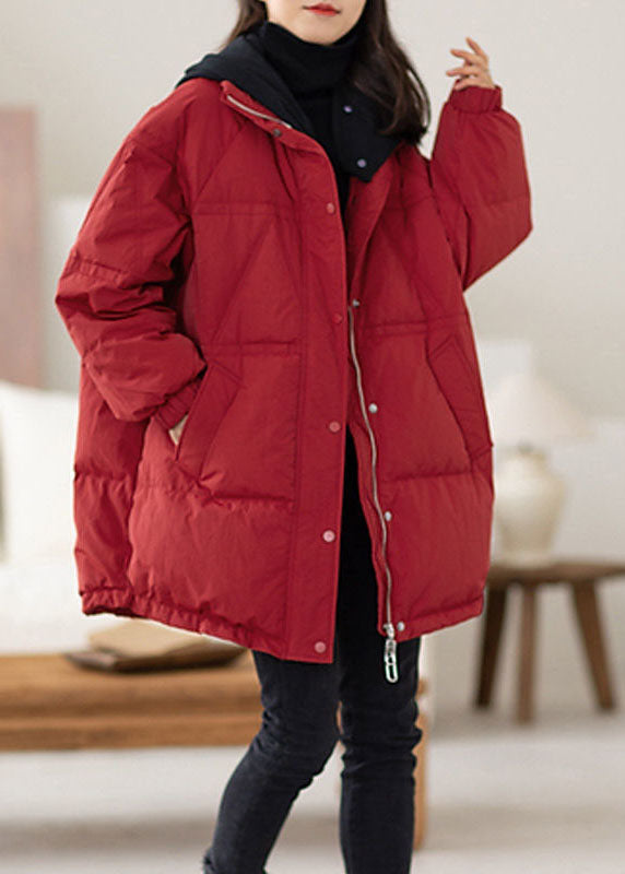 Red Hooded Patchwork Duck Down Puffers Jackets Winter