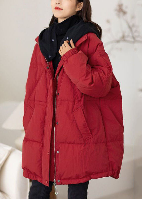 Red Hooded Patchwork Duck Down Puffers Jackets Winter