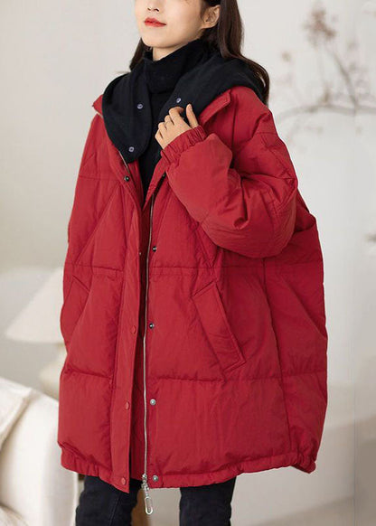 Red Hooded Patchwork Duck Down Puffers Jackets Winter