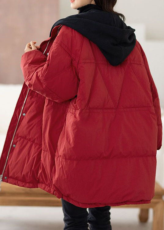 Red Hooded Patchwork Duck Down Puffers Jackets Winter