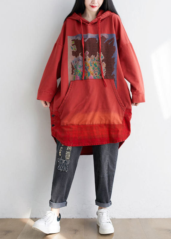 Red Hooded Pockets Print Cotton Sweatshirt Dress Spring