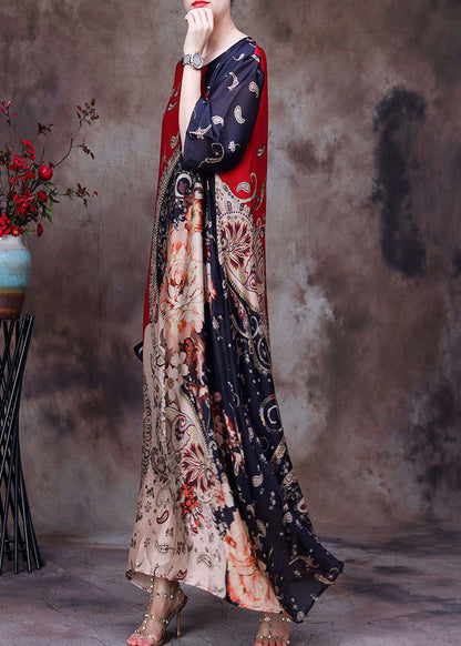 Red O-neck Asymmetrical Print Silk Holiday Dress Half Sleeve