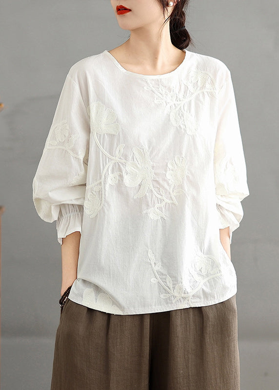 Red O-neck Embroidered Cotton Shirt Top Fall