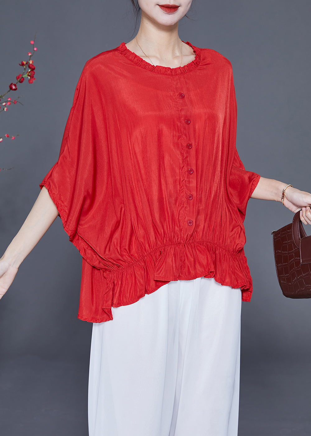 Red O-neck Oversized Wrinkled Silk Blouses Batwing Sleeve