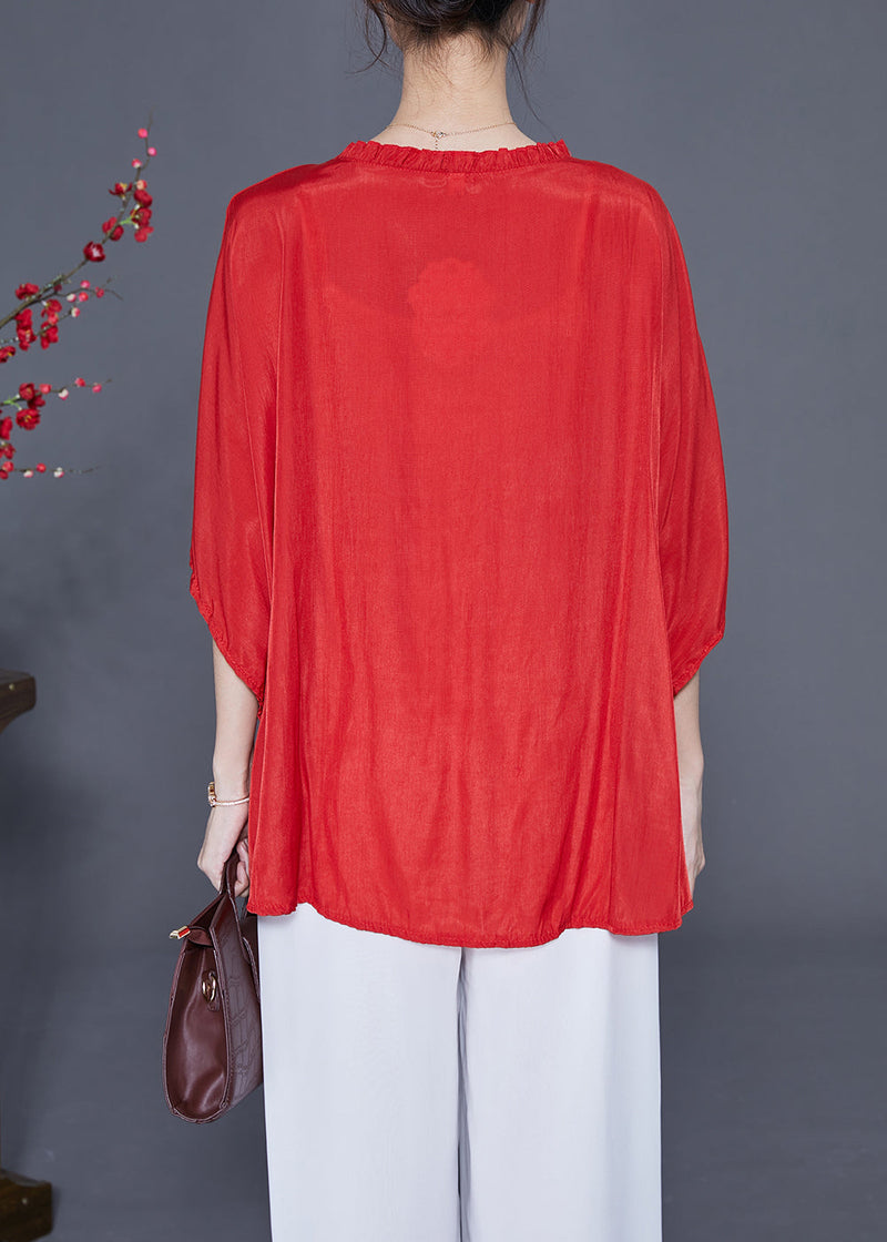 Red O-neck Oversized Wrinkled Silk Blouses Batwing Sleeve