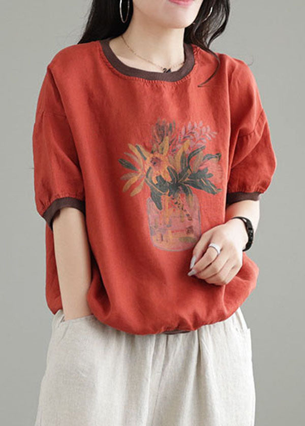 Red O-neck Patchwork Print Linen Tank Short Sleeve
