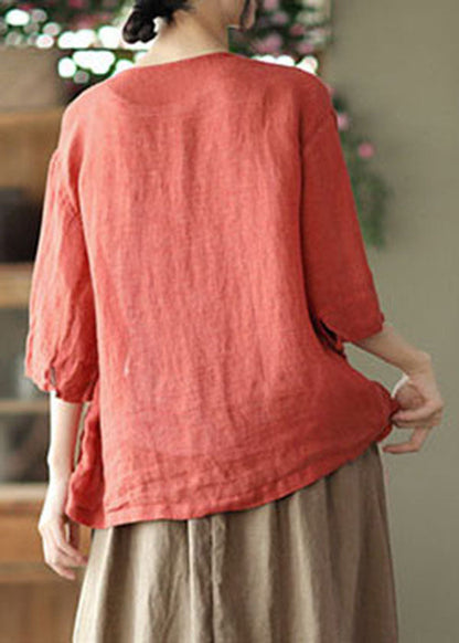 Red O-neck Pockets Linen Loose Cardigans Half Sleeve