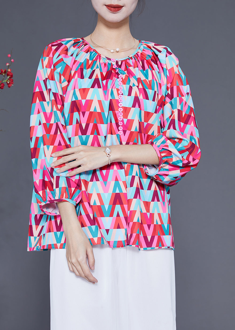 Red O-neck Print Button Chiffon Blouse Top Bracelet Sleeve