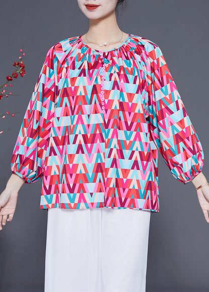 Red O-neck Print Button Chiffon Blouse Top Bracelet Sleeve