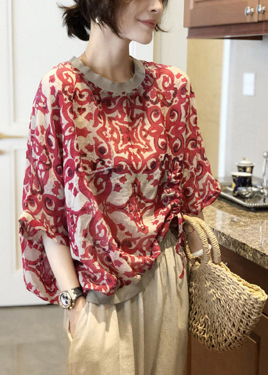Red O-neck Print Chiffon Top Long Sleeve